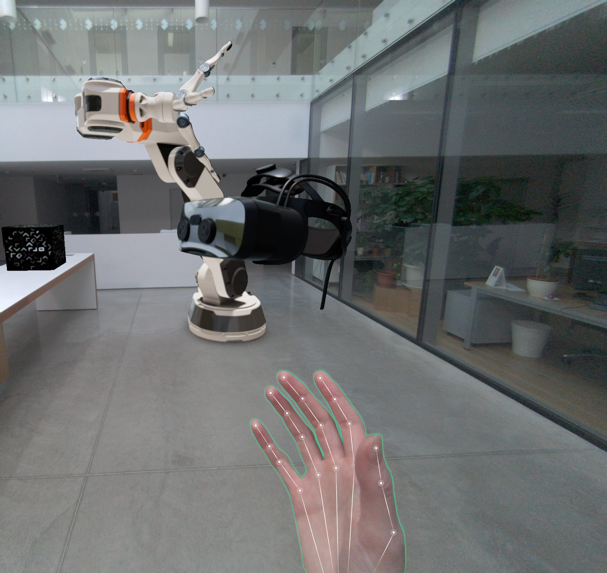 A picture with a hand on the forefront, a VR headset floating in the middle.