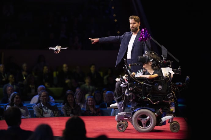 The world’s first non-invasive BCI demo of flying a drone above a live TED talk audience.