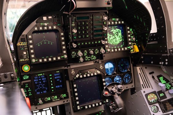 inside an F-18 flight simulator cockpit