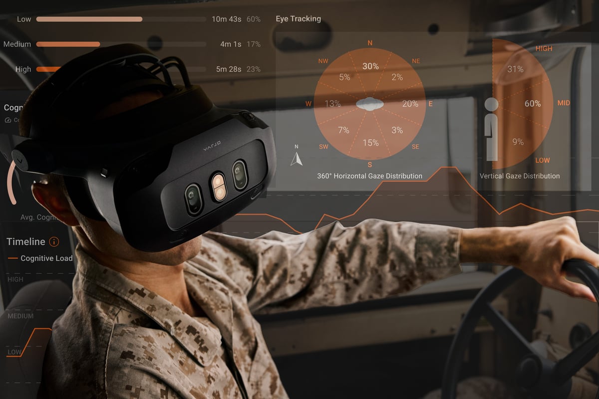 A person wearing a Varjo XR-4 headsets with data points in the background