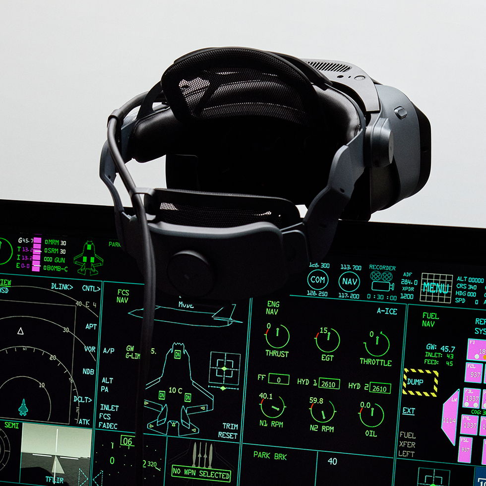 A Varjo XR-4 headset on top of a display panel